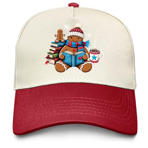 liabiliies Christmas Gingerbread Man Reading Cozy Winter Scene Hat for Men Baseball Hat Funny Gifts for Men Burgundy