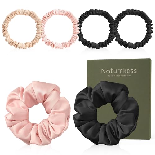 6PCS 100% Mulberry Silk Scrunchies Set 2 Large and 4 Thin Silk Hair Ties for Women No Damage Hair Accessories Black Pink Champagne