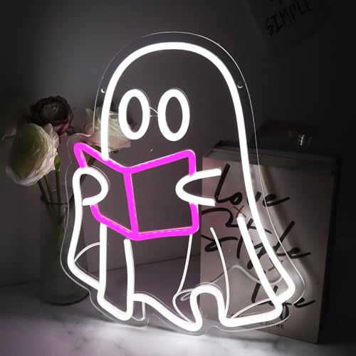 Image of Ghost Reading Book Neon Sign | LED Neon Light, Hanging Design, For Bedroom Home Library Reading Room, Kids Room Store Decor