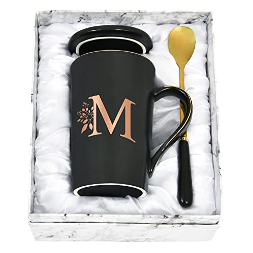 Joymaking Taza personalizada con letras taza de café con motivo de flores, nombre inicial regalos personales taza de café para mujeres novia, M - 400 ml negro