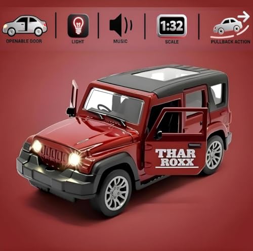 Image of 1:32 Scale DieCast Metal Pull-Back Action Openable Doors 4x4 Thar /Jeep Premium Car Toy with Lights and Music for Kids Realistic Miniature Model Gift 2+yrs Girls Boys (White Thar /Jeep)