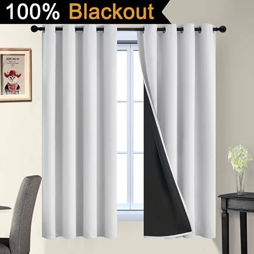 Image of Yakamok Greyish White 100% Blackout Curtains 63 Inches Long, 2 Thick Layers | Blackout Curtains for Bedroom /Living Romm Full Light Blocking Soft Thermal Insulated Drapes for Bedroom 52 inch Wide Each Panel