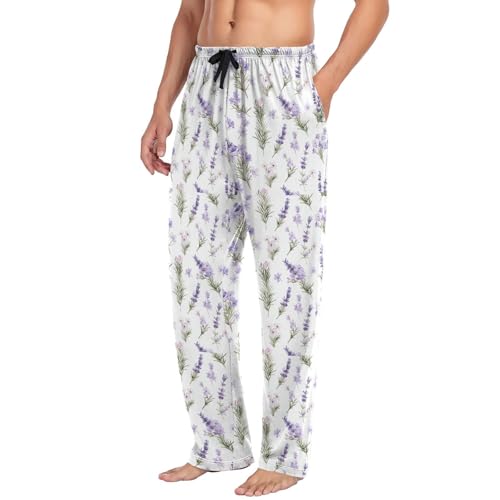 Men's Lavender Flowers Pajama Pants with Elastic Waistband | Soft Lounge Sleepwear | Breathable Sleep Pants for Home（607）4