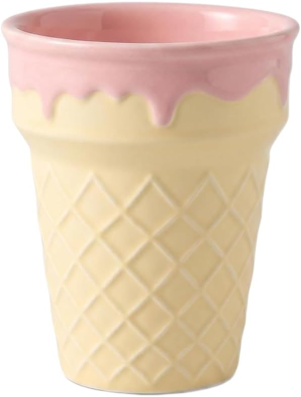 Ceramic Ice Cream Cone Shaped Vase, Novelty Glazed Finish,Small (Yellow)