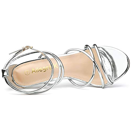 Allegra K Women's Open Toe Strappy Straps Stiletto Heel Silver Sandals 7 M US