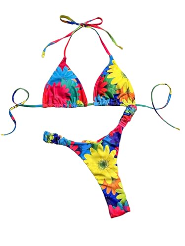 Maillot de bain 2 pièces imprimé floral au style effronté et bikini triangle réglable