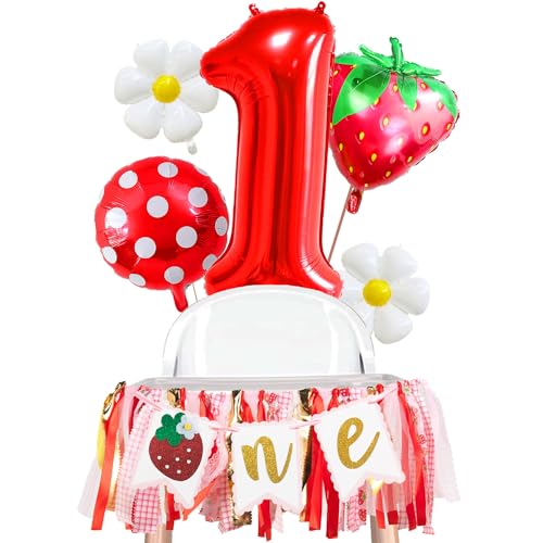 Image of Strawberry Berry First Birthday High Chair Banner Party Supplies Kit: Sweet First Birthday Banner One Balloon Strawberry Daisy Balloons Smash Cake Decoration Photo Prop Gifts For Kids Girls