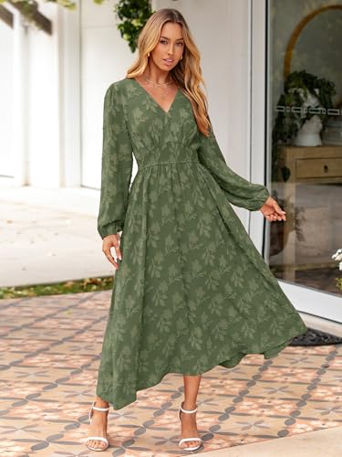 Image of Simplee Womens Boho Floral Long Sleeve Maxi Dress V Neck Empire Waist Fall Wedding Guest Dresses with Pockets