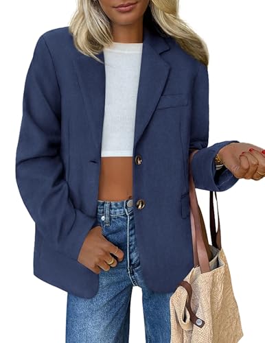 PRETTYGARDEN Blazers for Women Business Casual Fall Dressy Oversized Faux Suede Suit Jackets Work Office Teacher Clothes (Navy Blue,X-Large)