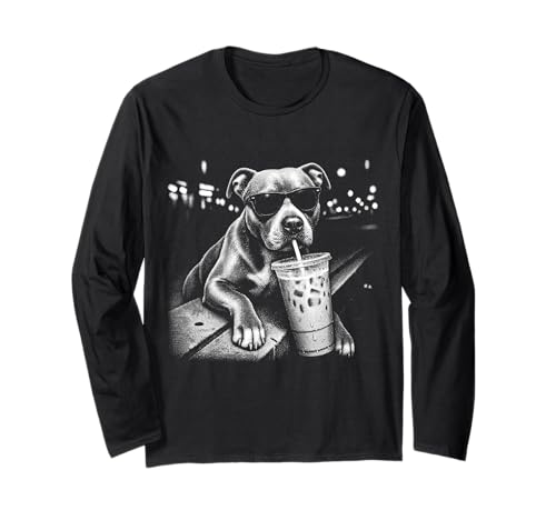 Funny Pitbull Drinking Iced Coffee Animal Meme Graphic Long Sleeve T-Shirt