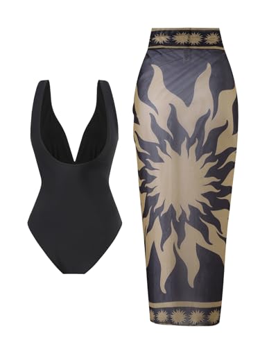 SherryDC One Piece Swimsuit with Cover up Wrap Skirt Sarong Floral Print Plunge V Neck Bathing Suit for Women2