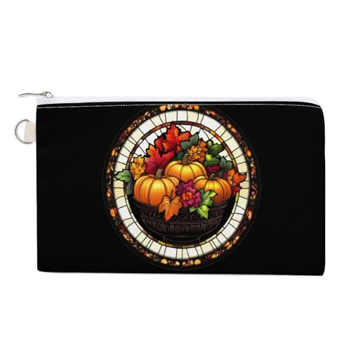 Halloween Pumpkin Autumn Leaves Coin Purse Canvas Change Pouch Portable Pocket Wallet Mini Storage Bag with Zippered Keychain