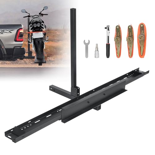 NIHAO 2\" Steel Hitch Mounted Motorcycle Carrier with Loading Ramp and Rope, Fit Up to 5â€ Wide Tire, Maximum Load 400LBS, Heavy Duty Hitch-Mounted Dirt Bike Rack for SUVs Cars Trucks RV