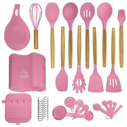 Nesdra Kitchen 33-Piece Pink Silicone Cooking Utensils Set with Wooden Handles – Food-Grade, BPA-Free & Heat Resistant Kitchen Tools for Nonstick Cookware, Includes Holder & Hooks