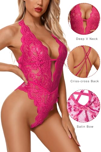 Aranmei Sexy Lingerie for Women Hollow Out Floral Lace Bodysuit One Piece Lingerie Deep V Teddy Babydoll Underwear - Image 7