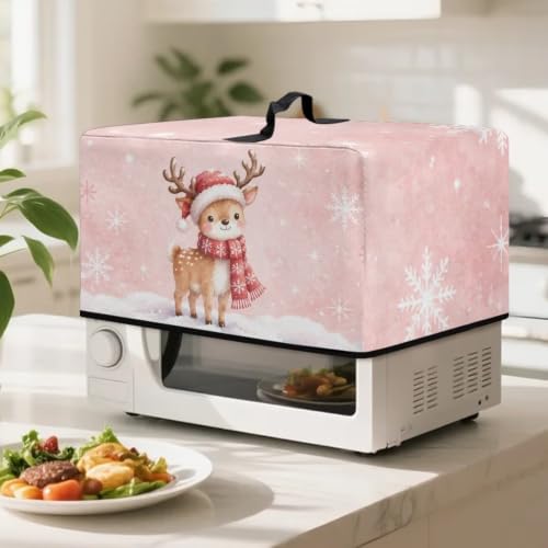 Image of Christmas Microwave Dust Cover Toaster Oven Dustproof Cover Smart Oven Protector for Kitchen Countertop, S, 18.25 x 14.5 x 11 Inches, Cute Reindeer Snowflake Pink