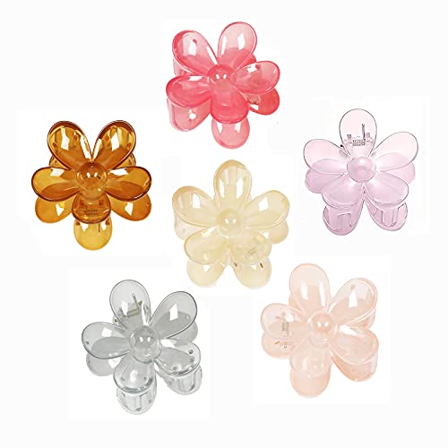 YAIKOAI 6 Pieces Small Acrylic Hair Claw Clips Flower Shaped Plastic Jaw Clips Non Slip Tortoise Hair Clamps Barrette Hair Accessories for Women Girls Headwear, 6 Colors