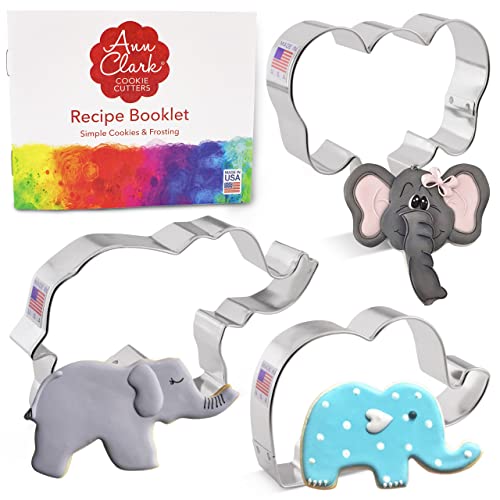 Elephants Cookie Cutters 3-Pc. Set Made in the USA by Ann Clark, Elephant Face, Cute Elephant, and Elephant