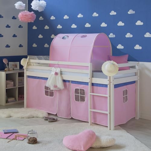 Homestyle4u Kinderhochbett Leiter Weiß 90 x 200 cm Holz Kiefer Kinderbett Hochbett rosa Vorhang Tunnel Lattenrost