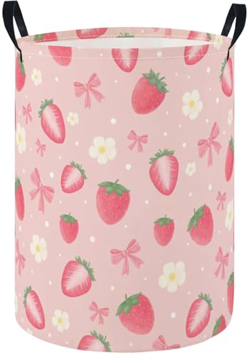 Image of Baby Laundry Hamper Basket Baby Hamper for Nursery Boy and Girl Cute Storage Bin Organizer Boho Room Decor(Strawberry)