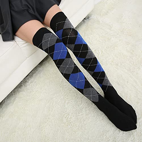 Women Student Thigh High Socks Vintage Colorful Argyle Over Knee Stockings Grey2