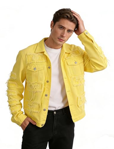 Image of Men's Denim Jacket Patchwork Fringe Jacket Slim Jean Jacket Streetwear Coat