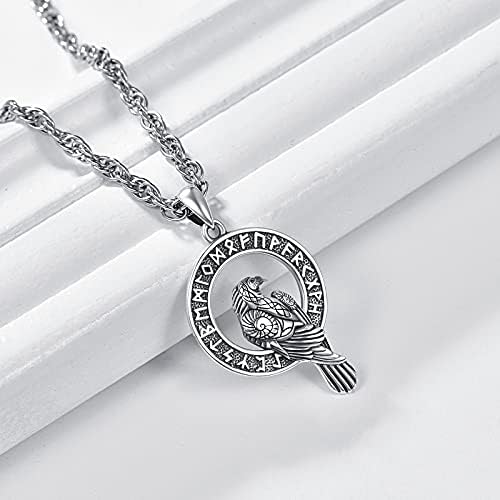 KINGWHYTE Viking Raven Necklace 925 Sterling Sliver Vegvisir Pendant Crow Odin Pendant Talisman Rune Amulet Nordic Viking Jewelry With Stainless Steel Chain55cm(20+2inch)