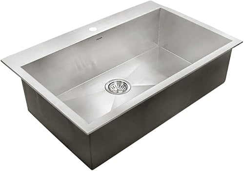 Houzer Bellus Fregadero de cocina de acero inoxidable 33 pulgadas de montaje superior de 1 orificio 6040 doble cuenco con colador y rejillas,
