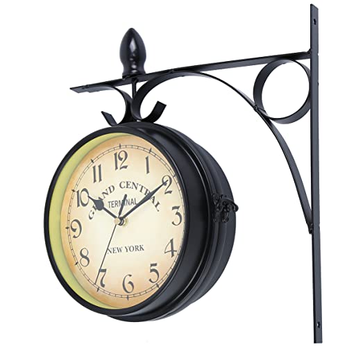 Iglobalbuy Horloge de Gare Rétro, Horloge Murale Double Cadran avec Potence de Fixation Pendule Double Face pour L’intérieur et L’extérieur Maison Jardin Cuisine Cour Séjour (Le Noir)