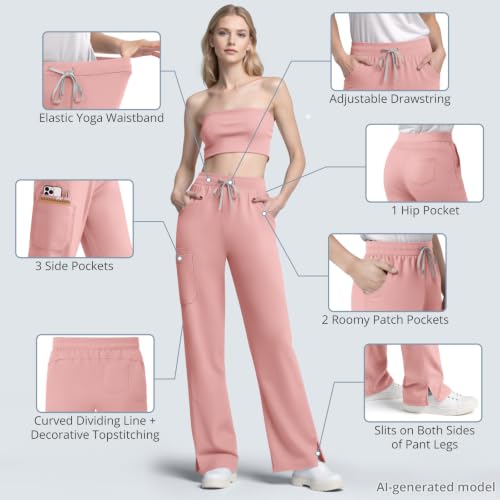 Image of Women's 7-Pocket Scrub Pants - Straight Leg, Mid-Rise, Drawstring | Soft stretch knit Mid-rise drawstring Side slits Wrinkle-resistant Machine washable For nurses /doctors /vets