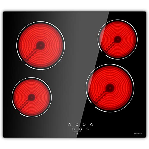 NOXTON Table de Cuisson 4 foyers en Céramique, 6000W Table de Cuisson Vitrocéramique, L59 x P52 cm, 9 Niveaux de Puissance, Verrouillage de sécurité pour enfants