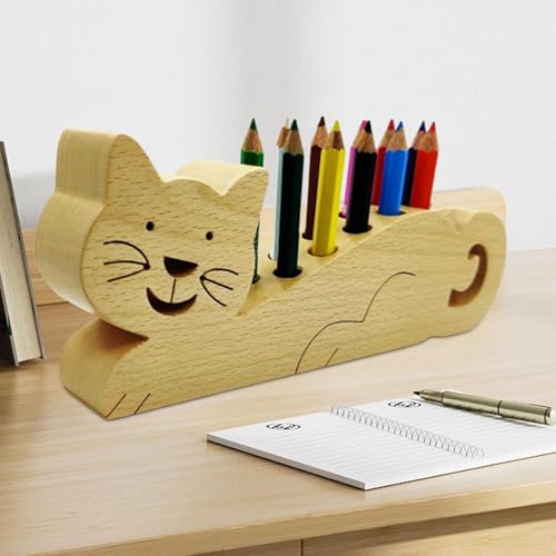 Organiseur de bureau chat en bois - Pot à crayons esthétique et rangement école