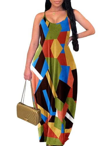 Image of Summer Dresses for Women Spaghetti Strap Beach Floor Length Maxi Sundresses | Floral Print,Casual,with Pockets