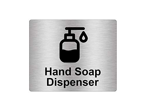 Preisvergleich Produktbild Hand-Seifenspender-Schild, selbstklebend, Hinweis, Metallic-Silber, graviert, schwarz, mit universalem Symbol und Text (Größe 12 cm x 10 cm)