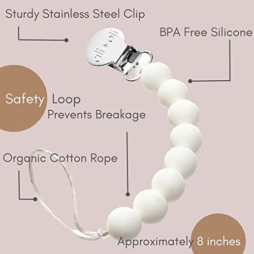Image of Ali+Oli Silicone Pacifier Clip for Baby (White) 100% Food-Grade BPA Free Newborn Pacifier Holder Infant Binky Clip for Baby Boy or Girl | Food-grade material, Keeps soothers within reach, Secure attachment, Lightweight, Everyday use, Easy cleaning