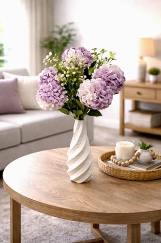 Image of Premium Combo Artificial Hydrangea Flower Bouquet with Designer Ceramic Vase | 7 Heads Snowflake Fabric Real Touch Flowers | Luxury Home Decor for Living Room(ND-14)