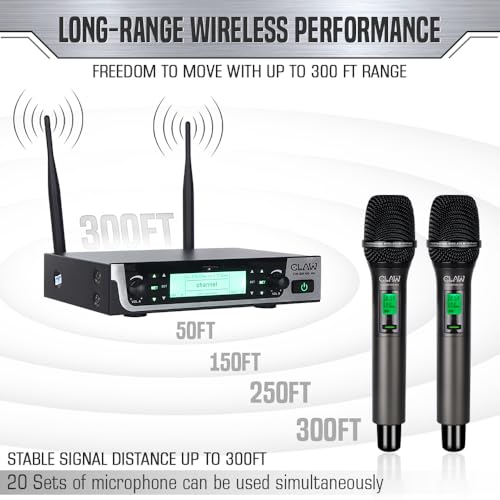 Image of CLAW CW-BR100HH Dual Channel UHF Wireless Microphone System with 2 Handheld Mics, One-Tap Mute, Auto IR Frequency Scan & Lock, LCD Display, 100m Range, XLR & 6.35mm Output for Stage, DJ & Karaoke