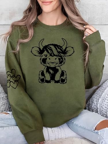 Women Highland Cow Sweatshirt Cute Cowgirl Gift Christmas Farm Sweatshirt Ribbon Long Sleeve Shirts