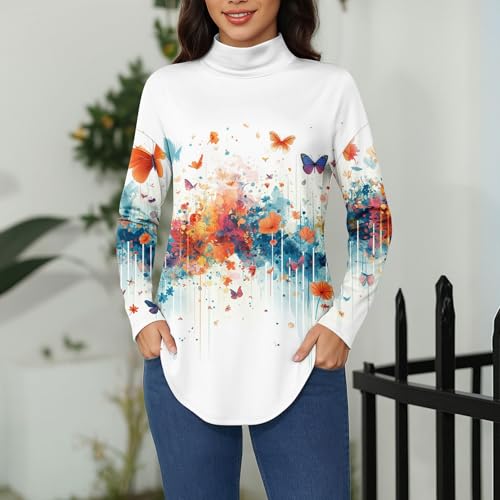 Long Sleeve Shirt for Women 2025 Plus Size Fall Clothes Vintage Printed High Neck Casual Tunic Pullover Blouses3