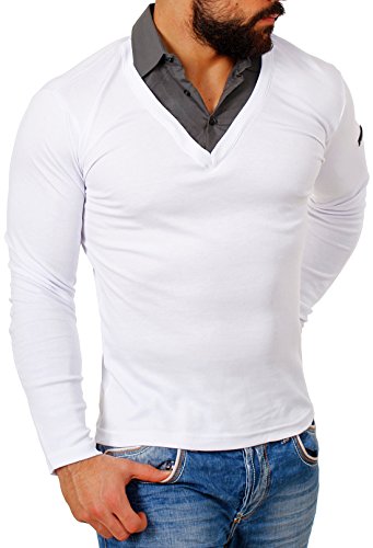 ReRock / Young & Rich - Camisa de manga larga 2 en 1 para hombre con cuello en V, corte en V Blanco XXL