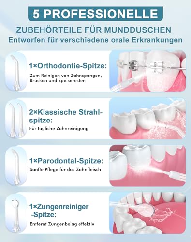 Munddusche Kabellos, Water Flosser 5 Modi 8 Stufen & 3 Intensitäten 5 Düsen, 300ML Wassertank Mund Reiniger Wasser Zähne Flosser IPX7 Wasserdicht Munddusche Testsieger 2025 für Reinigung auf Reisen – Bild 5