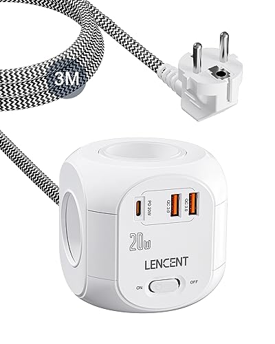 LENCENT Cube rallonge multiprise Amélioré PD 20W 3M avec 4 Prises AC, 2 USB et 1 Type C, Les surtensions pour rallonge électrique avec Interrupteur pour...