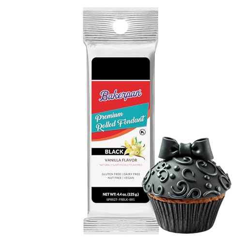Bakerpan Premium Rolled Black Fondant for Cake Decorating, Vanilla Flavor - 4.4 Ounces (Made in USA)