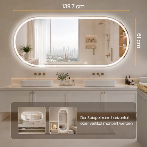 XRAMFY Badspiegel mit Beleuchtung 140×60CM, Touch-Schalter, 3 Farben Dimmbar, Beschlagfrei mit Memory-Funktion, IP65 Wassergeschützt… – Ansicht 2