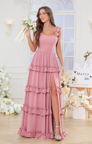 Verngo Chiffon Long Bridesmaid Dresses for Women Tiered Ruffle A Line Formal Wedding Guest Dress with Pockets2