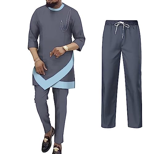 African Suits for Men Dashiki Outfit 3/4 Sleeve Traditional Mens Formal Attire Slim Fits Nigerian Clothes 2 Piece