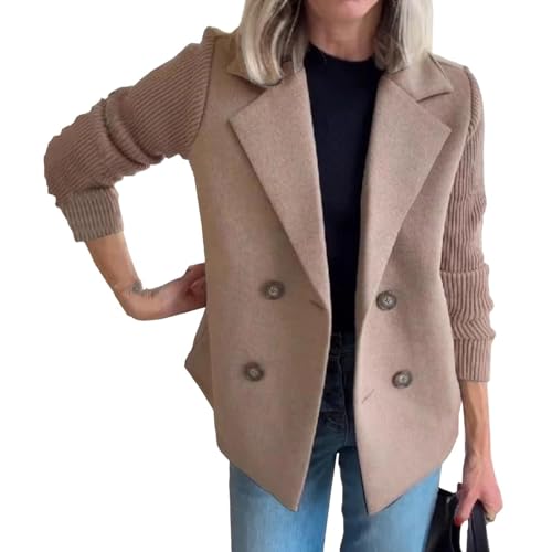 Women's Lapel Button Knitted Patchwork Sleeve Casual Coat Cropped Patchwork Double Breasted Blazer Sweater