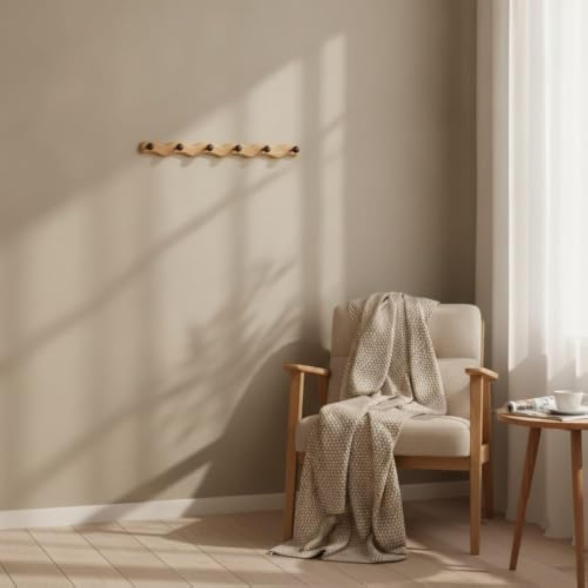 Wave-Inspired Wooden Coat Rack with Hooks for Entryway