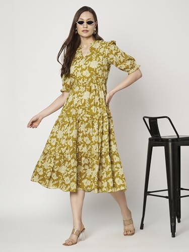 Image of PIDAVLIYA'S Women's Cotton Floral Printed Midi Dress | V-Neck Fit & Flare Dress with Puff Sleeves | Casual Summer Wear