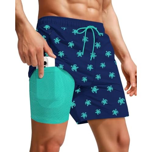 Yufawow 7 Inch Men Swim Trunks with Compression Breathable Liner Quick Dry Zipper Pockets for Pool Board Beach Cruise Small Bule White Star